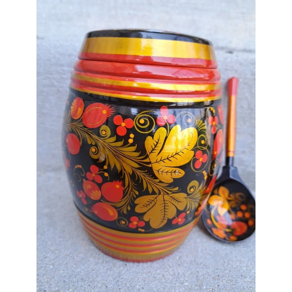 Russian Hand Painted Khokhloma Wooden Food Container Spoon Candle Holder